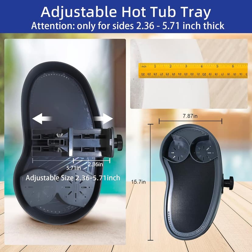 Adjustable Hot Tub Tray with 2 Cup Holders, Stable, Heavy-Duty, Nonslip Drink Holder for Aboveground Bathtub, Spa with Wall Thickness Of 2'' to 7.5''