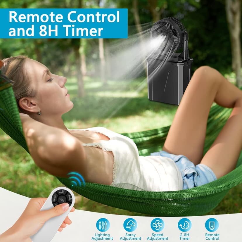 GHORA Portable Misting Fan with Remote,Camping Fan with 20000mAh Rechargeable Battery,9L Water Tank,4 Speed Levels,4 Spray Modes,RGB Lights for Fishing,Travel,Garden Parties,Outdoor Indoor Cooling