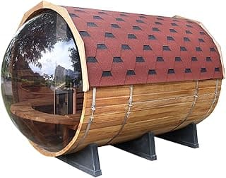 Outdoor Barrel Sauna for 4 Person, Hand Crafted from Premium Canadian Red Cedar, with Computer Control Panel, Stereo Speaker, and Panoramic Window - Curbside Delivery