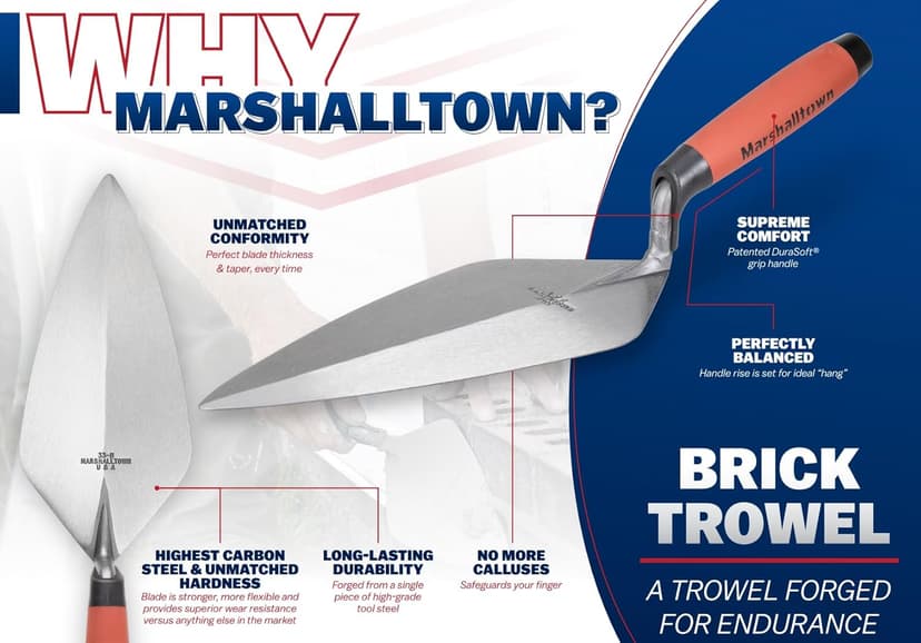 MARSHALLTOWN Philadelphia Brick Trowels, Leather Handle, 279mm Length, 140mm Width, Made In The USA, 19L11