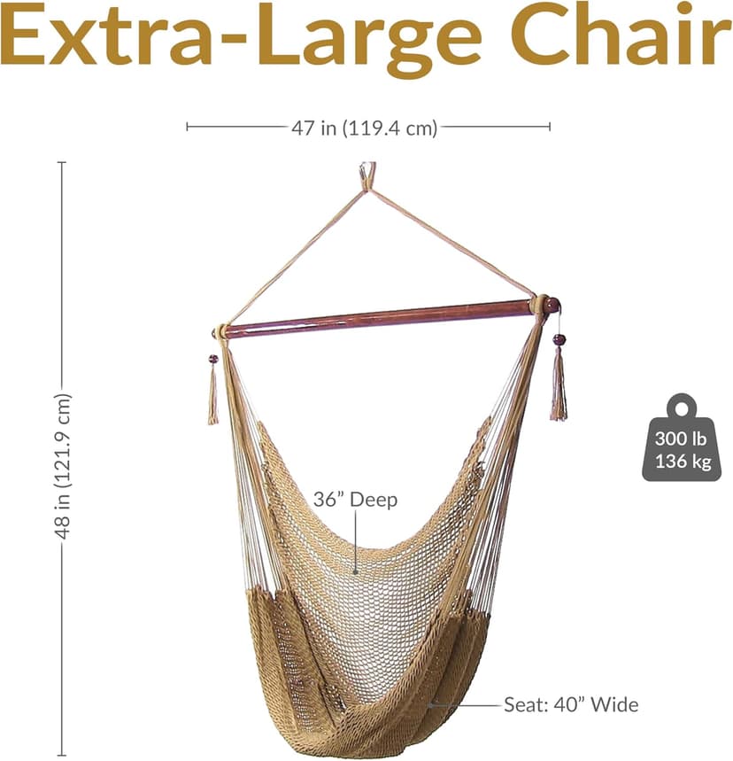 Sunnydaze Outdoor Hammock Chair Swing - Hanging Hammock Swing - Hanging Reading Chair - Soft-Spun Polyester Rope - Caribbean XL - Tan