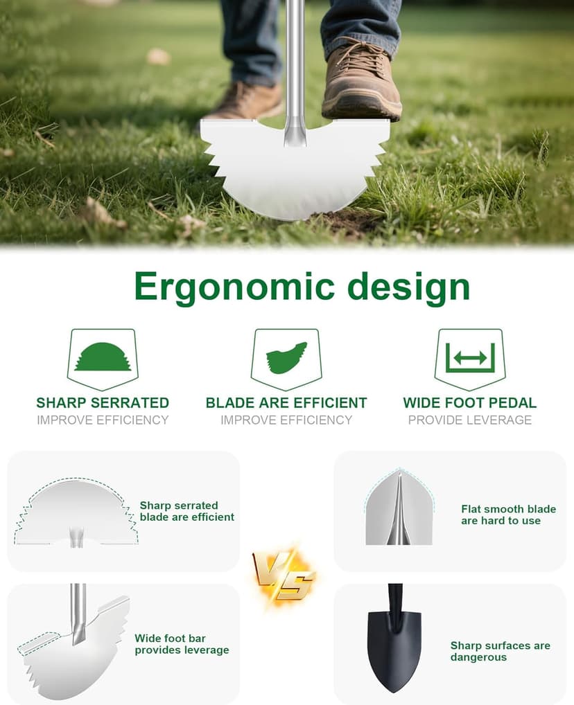 Serrated Edger Lawn Tool - Half Moon Shovel with Softer T-Handle, Lawn Edger for Yard, Garden, Landscaping, Sidewalk, Cable Burial - Ergonomic Design, Rust-Proof, 38 in.