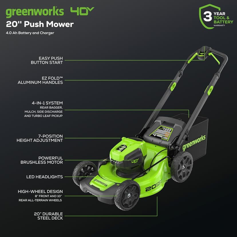 Greenworks 40V 20" Brushless Push Mower, 4.0Ah Battery (Aluminum Handles + Light)