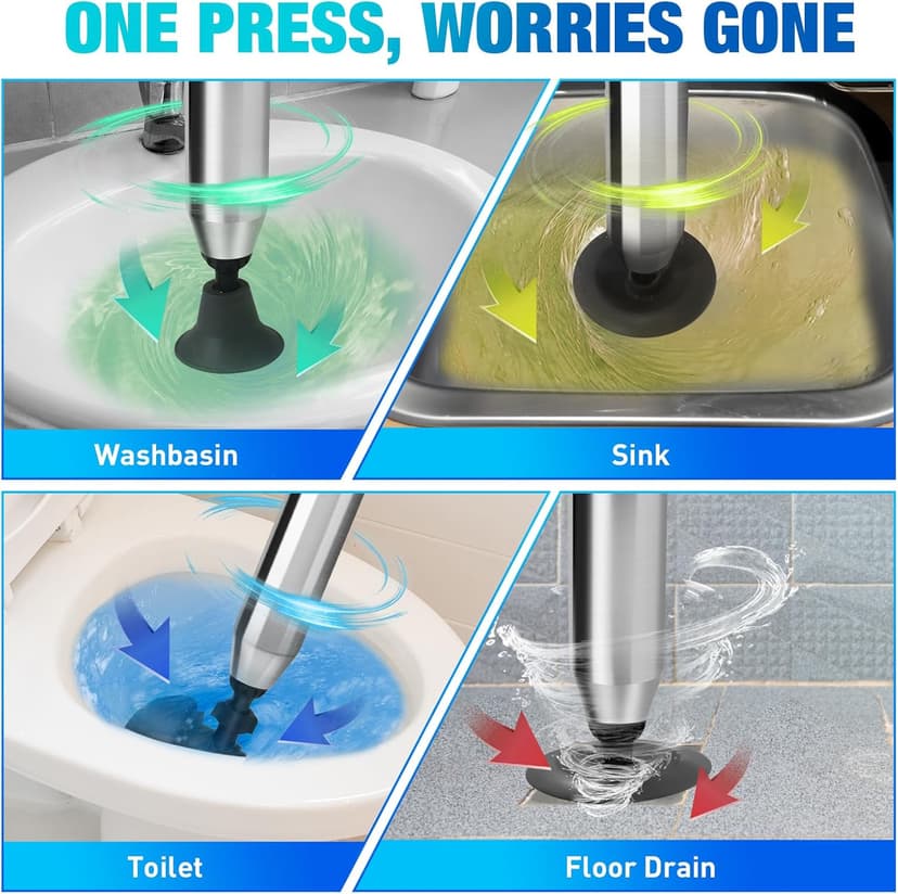High Pressure Toilet Plunger, Air Drain Blaster Gun with Visual Barometer and Stainless Steel Plungers, Powerful Drain Clog Remover Tool for Sink, Toilet, Floor Drain - Heavy Duty Toilet Plungers