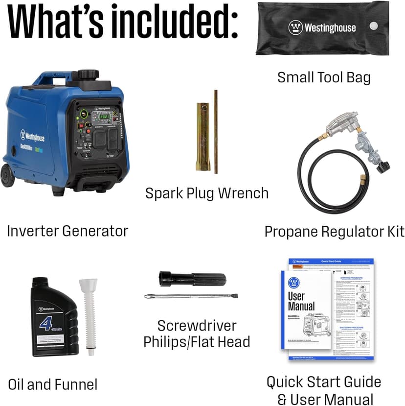 Westinghouse 4000 Peak Watt Super Quiet Dual Fuel Portable Inverter Generator, Wheel & Handle Kit, Gas & Propane Powered, RV Ready, CO Sensor, Parallel Capable