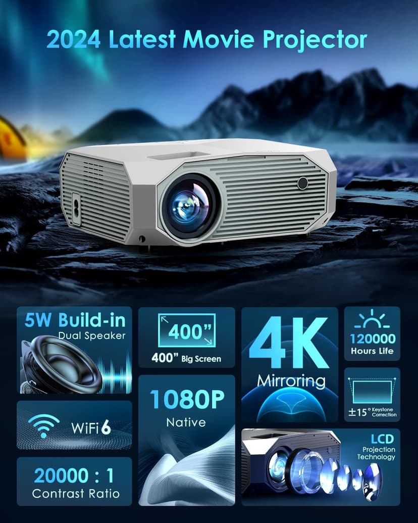 YOWHICK 4K Projector with WiFi and Bluetooth, 20000L Native 1080P Outdoor Portable Movie Projector, Smart Video Projector, 50% Zoom/400" Display, Compatible with HDMI/USB/PC/TV/PS5/DVD/Android/iOS