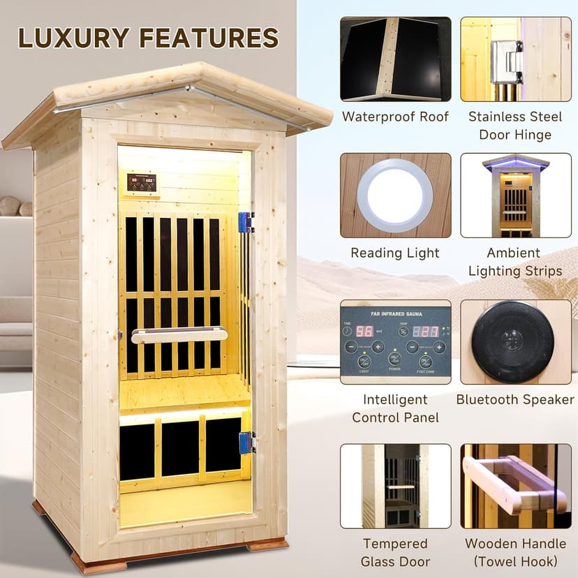 Outdoor Sauna 1 Person for Home Backyard Sauna Outdoor Infrared Sauna 1 Person Dry Sauna for Home Far Infrared Sauna Outdoor Spruce Wood Sauna 1300W Low EMF Single Person Infrared Sauna Room in Home