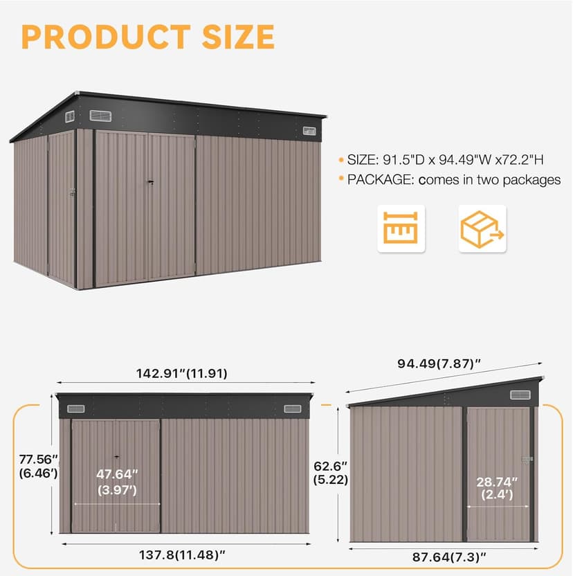 Aoxun 11.5'x7.3' Shed Outdoor Storage Shed with Triple Lockable Door Metal Storage Cabinet with Slopping Roof for Tools Bicycles Storage for Garden, Patio, Courtyard (Brown)