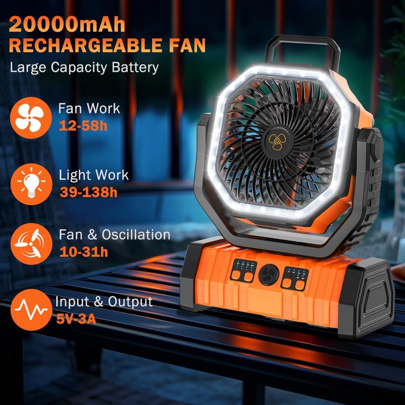 Camping Fan Rechargeable, 20000mAh Large Battery Powered Fan, 4Speed Rechargeable Fan Portable with Remote, Battery Operated Fans with LED Light and Hanging Hook, Cordless Fans for Tent Picnic Outdoor