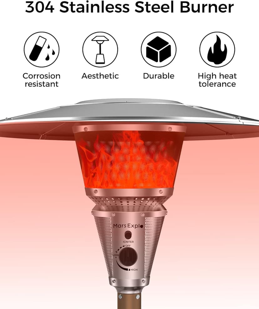 50,000 BTU Patio Heater for Outdoor Use With Adjustable Heat Focusing Top, Propane Patio Heater with Wheels, Stainless Steel Burner for Porch Garden Commercial Residential, Dark Brown