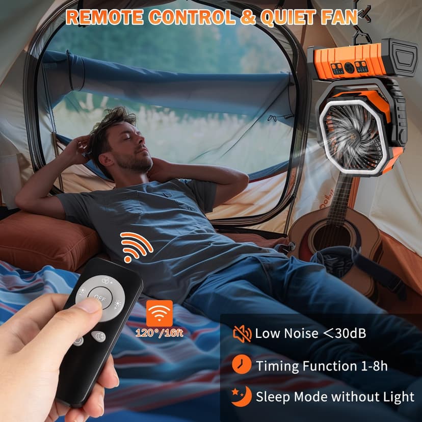 Camping Fan Rechargeable, 20000mAh Large Battery Powered Fan, 4Speed Rechargeable Fan Portable with Remote, Battery Operated Fans with LED Light and Hanging Hook, Cordless Fans for Tent Picnic Outdoor