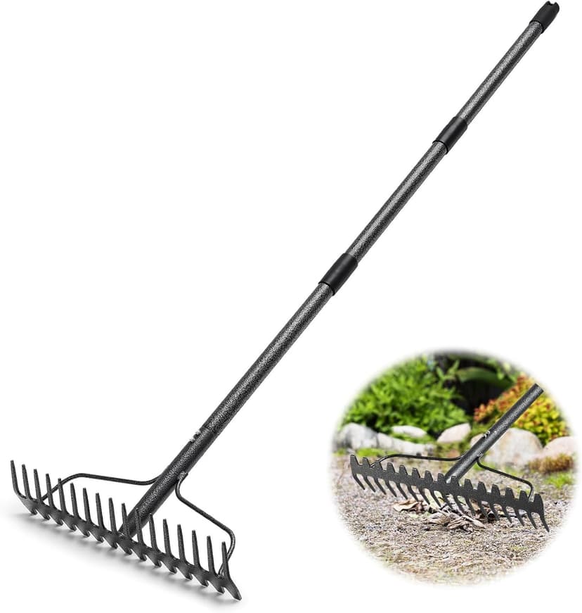Garden Rake, 5FT Bow Rake Heavy Duty Leveling Rake with Adjustable Handle, 17 Tines Wide Head Metal Thatch Rake for Gardening Leaves Lawn Yard Mulch Rake