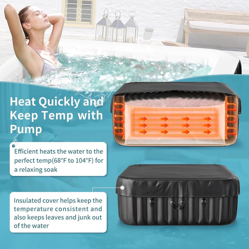 4-6 Person Inflatable Hot Tub, Large Square Portable Blow up Hot Tub, Leak-Proof PVC Outdoor Spa with 130 Air Jets, Insulated Cover and Heater Pump, 73” X 73”X 25”