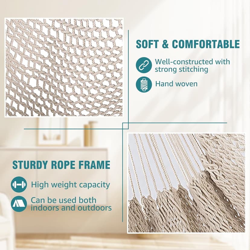 Chihee Hammock Chair Super Large Hanging Chair Soft-Spun Cotton Rope Weaving Chair, Collapsible Strong Metal Spreader Bar Wide Seat Lace Stretch Swing Chair Indoor Outdoor Garden Yard Theme Decoration