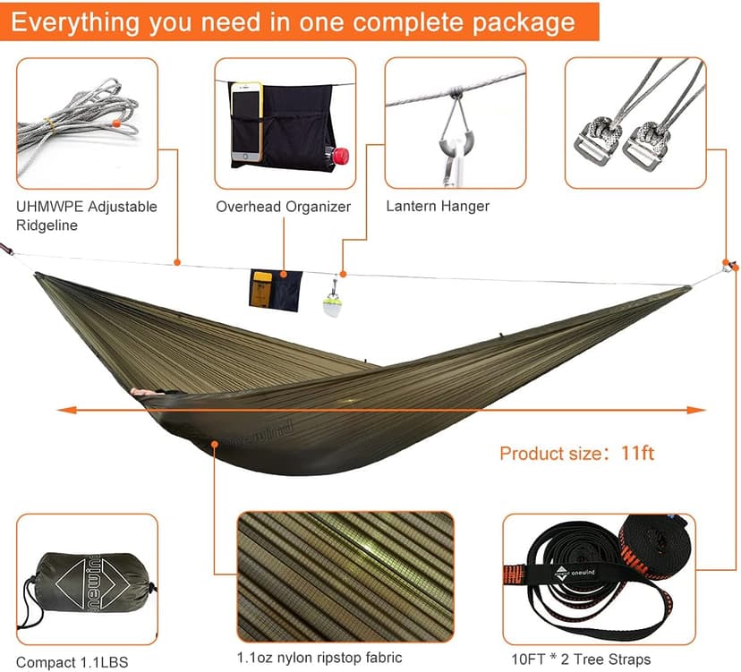 Onewind Camping Hammock, Ultralight Portable Hammock with Adjustable Ridgeline, Outdoor Hammock 20D Ripstop Nylon with 2 * 12Ft Tree Strap, Ideal for Camping, Hiking, Backpacking