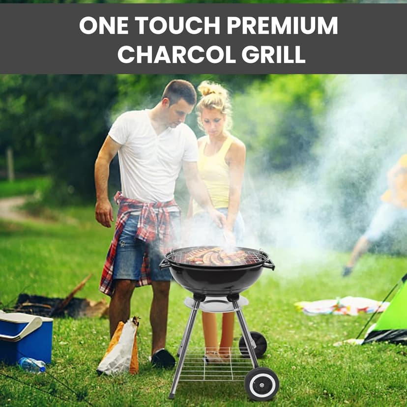 22 Inch Portable Charcoal Grill with Wheels for Outdoor Cooking Barbecue Camping BBQ Coal Kettle Grill - Heavy Duty Round with Thickened Grilling Bowl Wheels for Small Patio Backyard