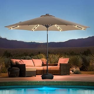wikiwiki 11FT Solar Led Patio Umbrella with Base, Sturdy Outdoor Market Umbrella for Deck, Pool, Garden w/Tilt, Crank, 32 LED Lights, Tan