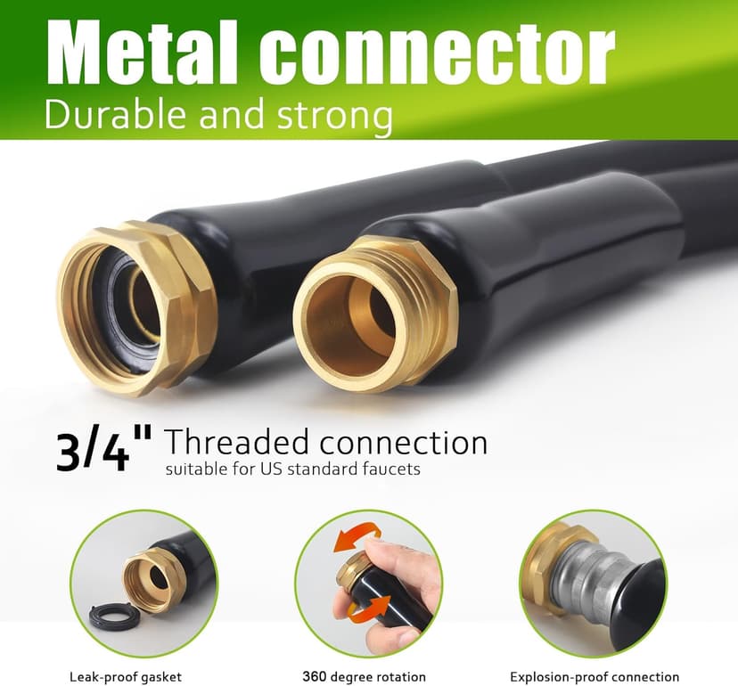 Non-Expandable Garden Hose 100feet, Flexible Water Hose with 10 Function Hose Nozzle, Lightweight, Tangle Free, Rust Proof for Yard (Black)