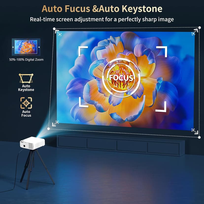 1800 Ansi Smart Outdoor Projector 4K with WIFI and Bluetooth,Auto Focus,DoIby Audio,ARC,PPT,Outdoor Movie Home Projector 4k HDR10+30W Speaker,50%Zoom,500''Display,Compatible w/ TV Stick,iOS,Android,PC