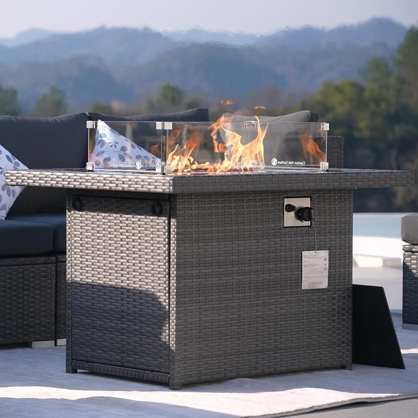 NICESOUL Wicker Propane Fire Pit Table, 60000 BTU Large Natural Gas Firepit Tables, 43'' Rectangle CSA Fireplaces for Deck Backyard, Fire Table with Windguard&Glass Rocks&Cover, Gray