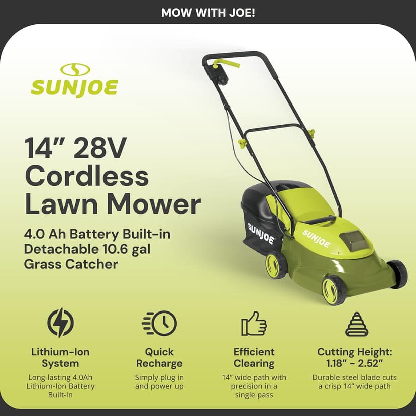 Sun Joe MJ401C-PRO 14-Inch 28-Volt Cordless Push Lawn Mower, w/Rear Discharge Chute, Pro Version