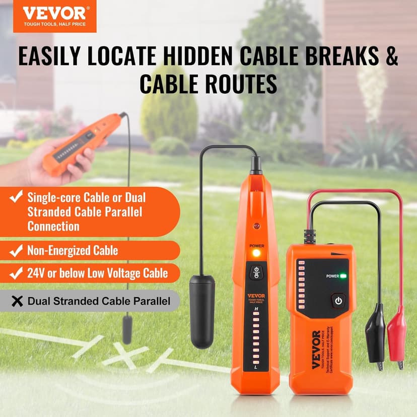 VEVOR Underground Cable Locator, 3 FT Max. Detection Depth, Wire Tracer Break Detector Finder with Earphone, 1000 FT Max.Detection Length Cable Tester for Pet Fence Buried Sprinkler Valve Irrigation