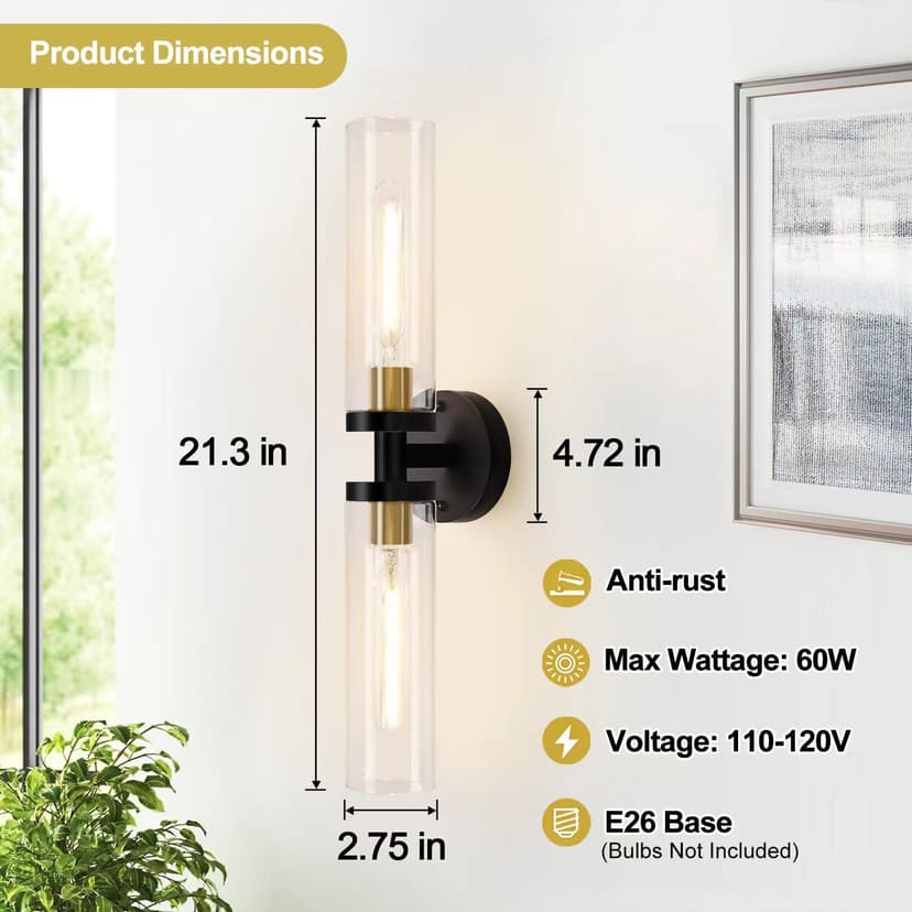 Wall Sconces Set of Two, Black and Gold Bathroom Sconces Wall Lighting with Clear Glass, Modern Sconces Wall Decor Set of 2 Wall Light fixtures for Bathroom Mirror Living Room Hallway Bedroom