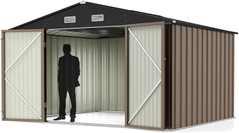 Greesum Outdoor Storage Shed 10 x 8 ft. Utility Tool Shed Metal Storage Garden Shed with Door & Lock for Patio Storage, Brown