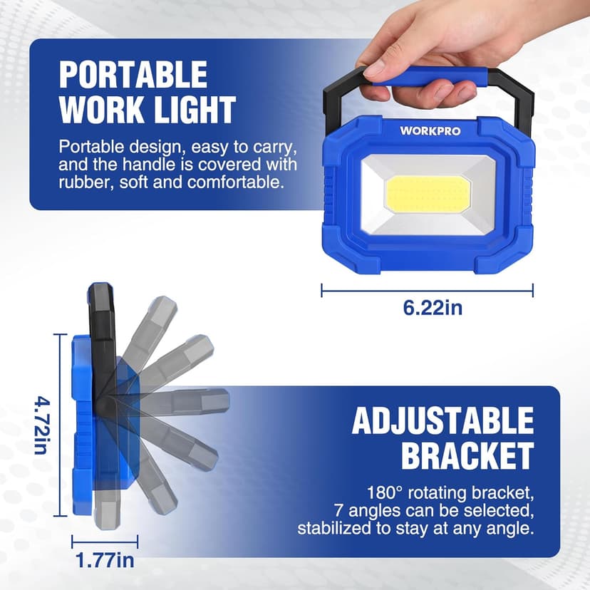 WORKPRO LED Work Light, Rechargeable Magnetic Work Lights with Stand, Portable, Waterproof, 2000LM COB Flood Light for Camping, Fishing, Car Repair, Job Site Lighting, Hiking, 4 Modes, 2 Pack