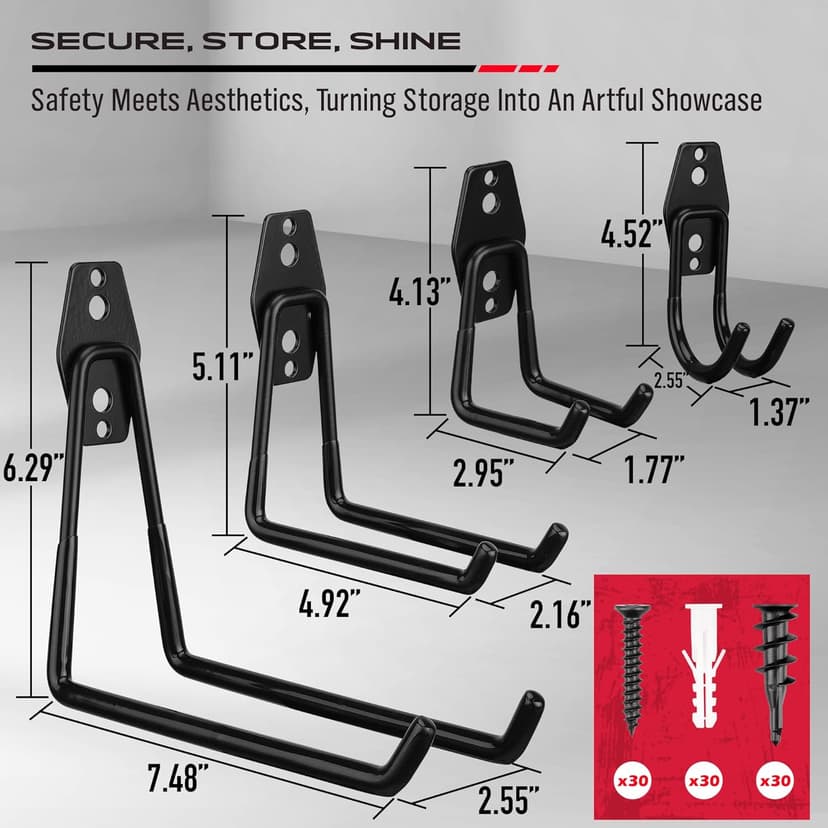 Garage Tool Storage Wall Hook Assortment Set: 15PCS Heavy Duty Large Hanger Garden Tool Organizer Ladder Bike Rack Yard Tool Holder Shed Shovel Metal Screw Organization Bicycle Steel Bracket