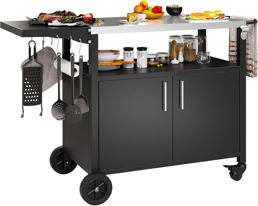 Shintenchi Outdoor Grill Cart Table with Stainless Steel Top for Kitchen Prep and BBQ, Outdoor Kitchen Island Table with Side Handle, Multifunctional Outdoor Grill Table, Black