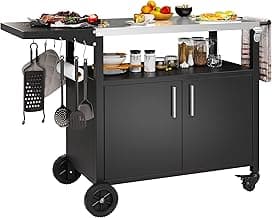 Shintenchi Outdoor Grill Cart Table with Stainless Steel Top for Kitchen Prep and BBQ, Outdoor Kitchen Island Table with Side Handle, Multifunctional Outdoor Grill Table, Black