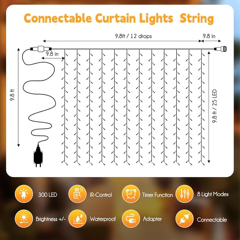 Brightown 300 LED Curtain String Lights, 9.8 FT Hanging Fairy Lights with Remote, 8 Modes, Connectable Waterproof Window Lights for Bedroom Backdrop Wedding Outdoor Christmas Party, Warm White