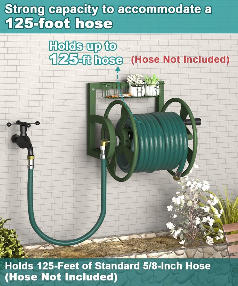 Garden Wall Mounted Hose Reel, Outdoor Heavy-Duty Water Hose Holder Winder, Holds 125 Feet of 5/8-Inch Hose, with 3.9 ft Leader Hose, Brass Fitting and Storage Basket for Yard, Green
