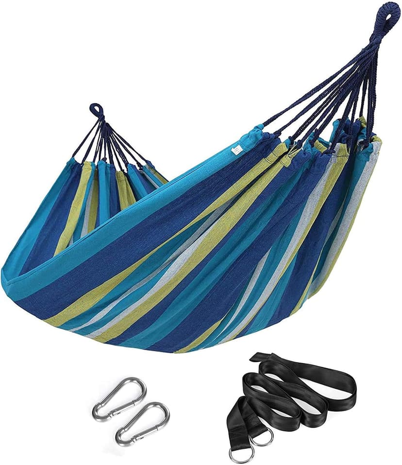 SONGMICS Double Hammock, 98.4 x 59.1 Inches, 660 lb Load Capacity, with Hanging Straps, Carabiners, Carry Bag, for Garden, Outdoor, Camping, Blue and Yellow Stripes UGDC15YU