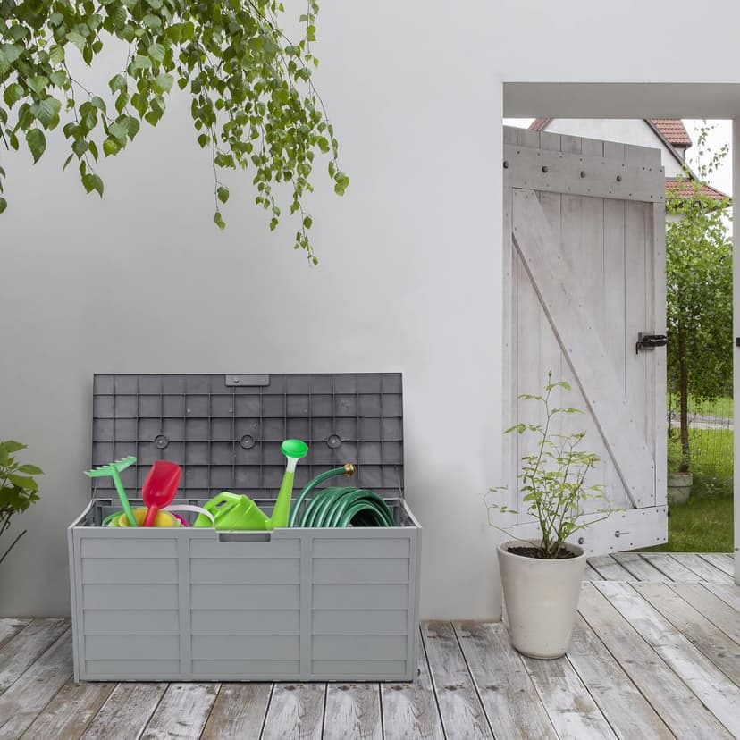VINGLI Upgraded 75 Gallon Outdoor Storage Box, Lockable Plastic Storage Containers with Lid, Patio Deck Box Furniture for Garden, Pool, Balcony, Yard (Grey)
