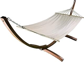12 Ft. Water Treated Wooden Arc Hammock Stand + Premium Quilted Hammock Bed. 1 Person Bed. 300 LB Capacity(Teak Stain/Beige)