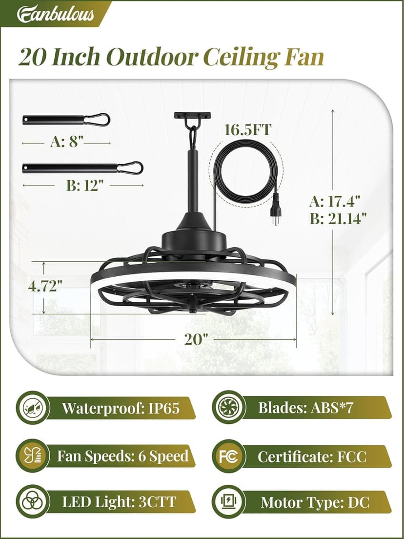 Outdoor Ceiling Fans with Light for Patios, 20" Weatherproof Plug in Ceiling Fan, Gazebo Fan Remote&APP Control, 3CCT Dimmable,Caged Ceiling Fan with Hanging Hook for Porch, Pergola,Canopy