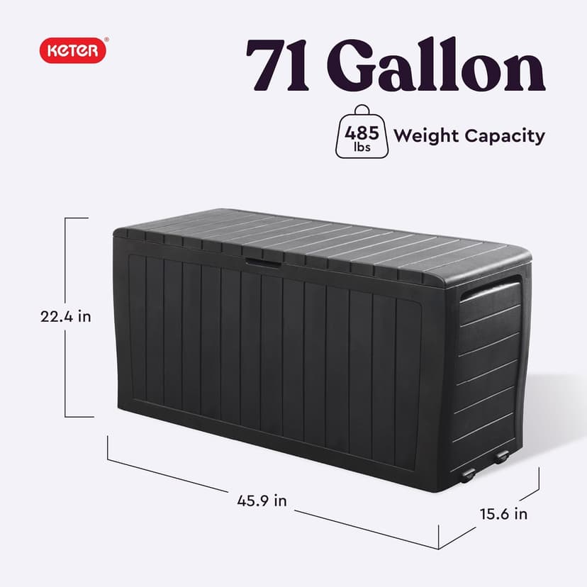 Keter Marvel Plus 71 Gallon Resin Deck Box Organization and Storage for Patio Storage Box Outdoor Cushions, Throw Pillows, Garden Tools and Pool Accessories, Dark Grey