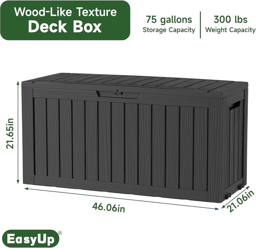 75 Gallon Outdoor Storage Box, Resin Waterproof UV-Resistant Deck Box, Reinforced Stability for Patio, Garden, and Poolside, Striped Black