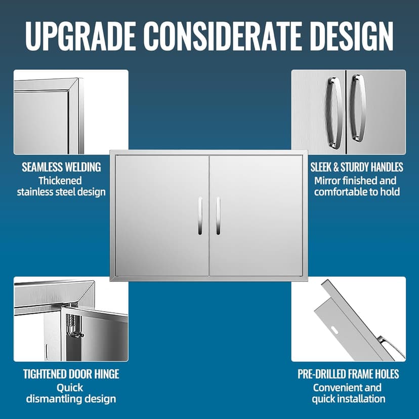 Outdoor Kitchen Door 36" W x 21" H 304 Brushed Durable Stainless Steel BBQ Access Doors with Detachable Handles for BBQ Island, Grill Station, and Outdoor Cabinets