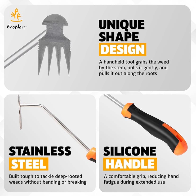 EcoNour Weed Puller Tool | Stainless Steel Weeder with Silicon Handle | Durable Weeding Remover Tool | Manual Weeder for Gardening | Effortless for Uprooting Weeds and Backyard Farm Planting