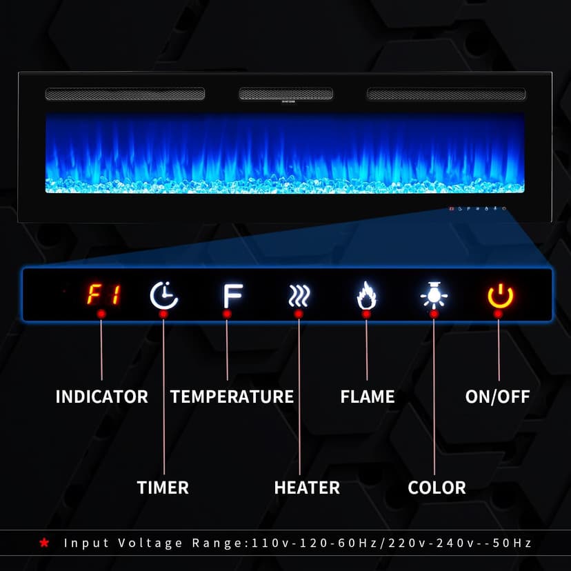 oneinmil Electric Fireplace, 50 inch Wide Recessed/Wall Mounted Electric Fireplace, Remote Control with Timer 12 Adjustable Color Flame, Remote Control,with Crystal Stone, 750/1500W