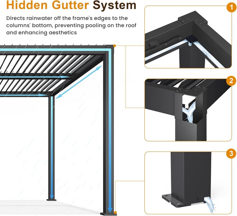 Louvered Pergola 12'x16', Full Aluminum Outdoor Pergola with Adjustable Rainproof and Gutter System, Hardtop Gazebo for Patio, Deck, Garden, Yard, Black