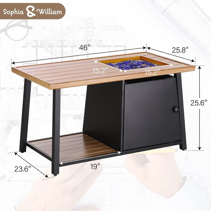 Sophia & William 50,000 BTU Propane Gas Fire Pit Table with Open Storage Space Multifunction Large 46" x 25.8" Rectangular Outdoor Firepits for Outside with Lid and Blue Fire Glass