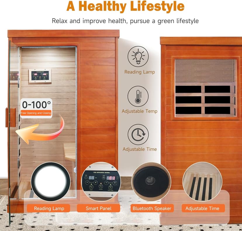 Sauna, Far Infrared Saunas for Home 1 Person Wood Sauna Okoume 800W/110V Low Emf Dry Sauna Indoor Sauna Room with Tempered Glass Door/Speakers/Air Hole and LED Lighting - 35.2*27.6*61.6 IN