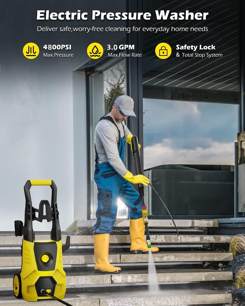 Electric Pressure Washer 4800 PSI 3.0 GPM High Power Washer with 4 Nozzles, 35FT Power Cord, Cleaning Machine with Foam Cannon for Cars Fences Driveways Patios Home Cleaning