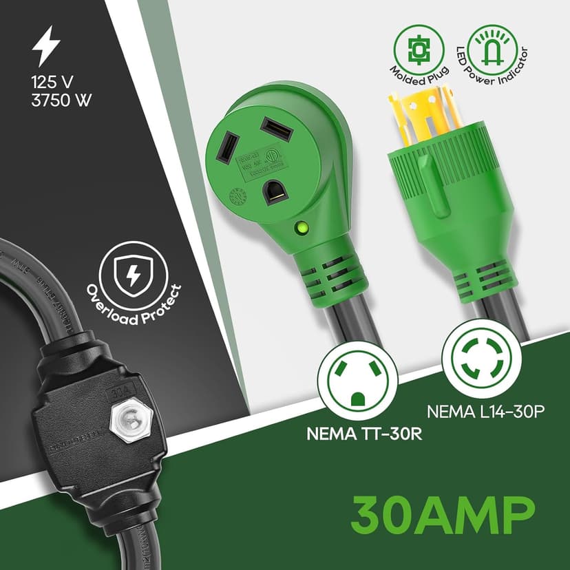 RVGUARD Overload Protector 30 Amp Generator to RV Adapter Cord with Circuit Breaker, NEMA L14-30P to NEMA TT-30R Electrical Power Adapter with LED Power Indicator, 18 Inch, Green, ETL Listed