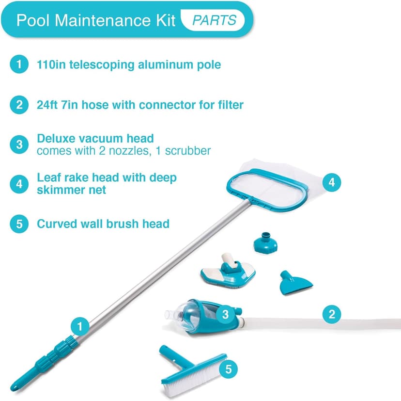 Intex 28003E Deluxe Above Ground Pool Maintenance Kit for Minimum 800 GPH Flow Rates with Vacuum, 110" Pole, Wall Brush and 24' Hose (Color May Vary)
