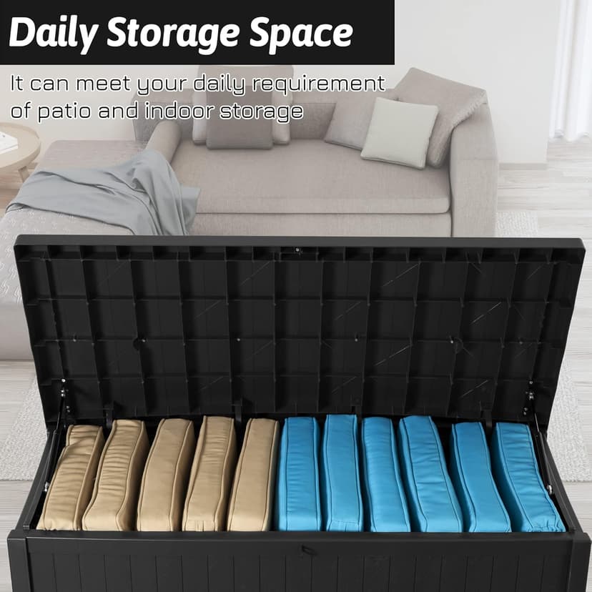 Resin Deck Box, 120 Gallon Large Outdoor Indoor Patio Storage Box Waterproof, Outside Storage Bin for Patio Furniture Covers, Cushion Pillows, Towels, Garden Tools, Black